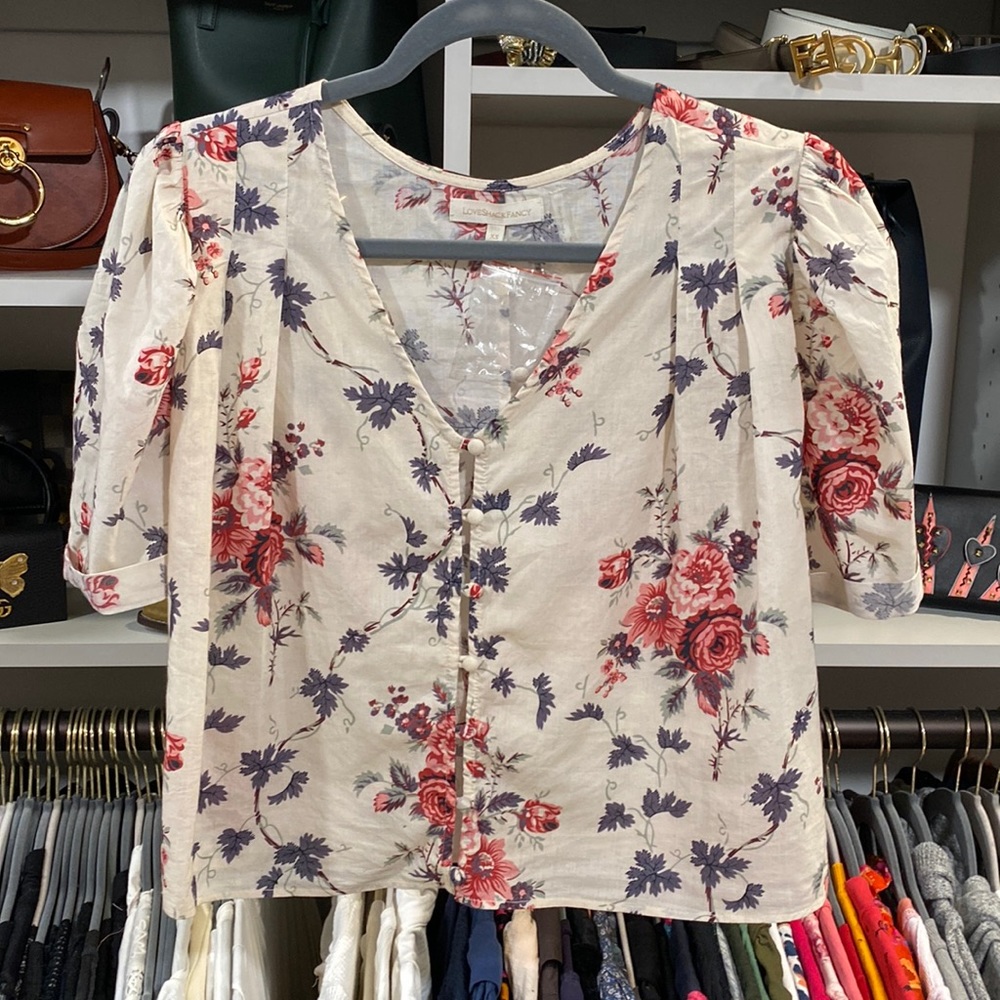 Loveshackfancy Short Sleeve Floral Button Top XS